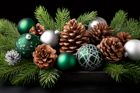 Festive arrangement of green and silver Christmas ornaments with natural pine cones and spruce branchesの素材