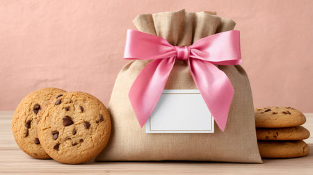 Burlap gift sack tied with a pink ribbon and chocolate chip cookies on a wooden tableの素材