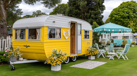Yellow and teal vintage travel trailers creating a cozy outdoor glamping sceneの素材