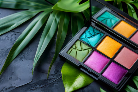 Cosmetics presenting a colorful palette with multiple eyeshadow shades on tropical leavesの素材