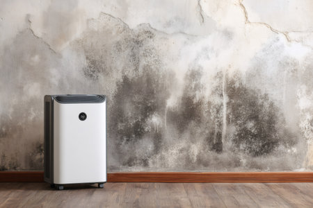 Modern dehumidifier standing in a room with a damp, moldy wall, tackling the humidity problemの素材