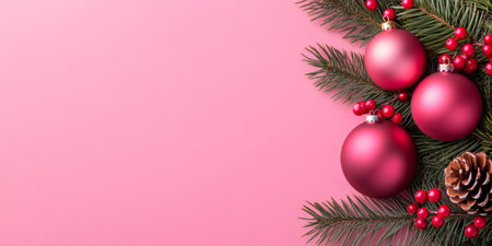 Christmas fir branches with red baubles, berries, and pine cones on a pink backgroundの素材