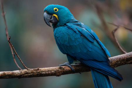 Hyacinth macaw showcasing its vibrant blue plumage and yellow markings while looking leftの素材