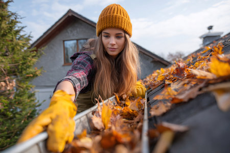 Young woman wearing work gloves and a beanie cleaning fall leaves from house gutterの素材