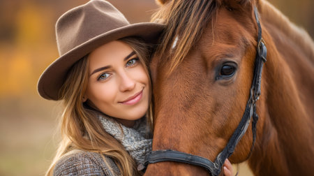 Woman and horse sharing an affectionate moment outdoors during autumnの素材