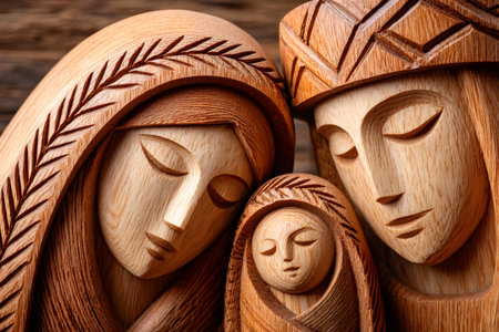 Wooden sculpture of mary, joseph, and baby jesus for christian nativityの素材