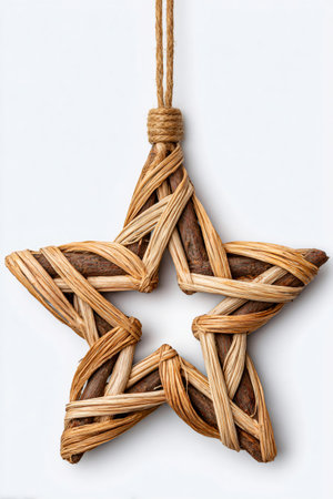 Rustic handcrafted star ornament with a twine hanger, perfect for holiday season decorationの素材