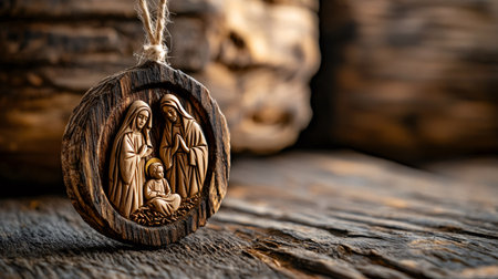 Wooden disc ornament displaying a nativity scene with mary, joseph, and jesus on rustic woodの素材