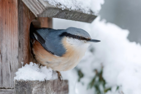 Nuthatch emerging from a wooden birdhouse covered in fresh snow during winterの素材