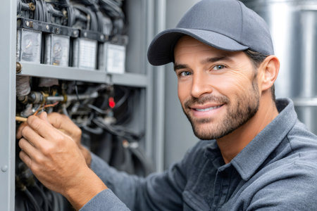 Smiling electrician working on an industrial electrical panel, performing maintenance and repairの素材