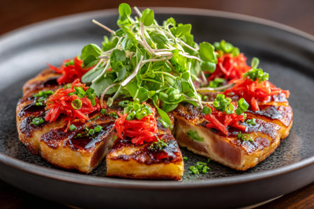 Seared tuna okonomiyaki serving with fresh microgreens, pickled ginger, and savory sauceの素材