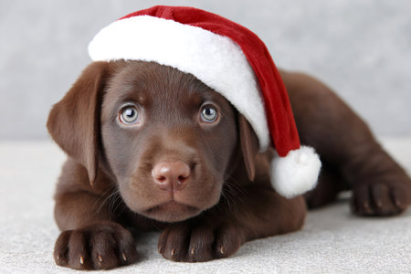 Brown labrador puppy lying, wearing a festive red santa hat for Christmasの素材