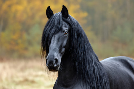 Black Friesian horse portrait, looking forward with long mane against autumn backgroundの素材