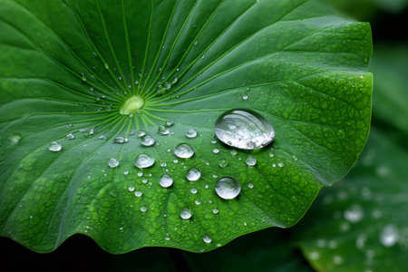 Green lotus leaf with clear water droplets, showcasing natural hydrophobicity and freshnessの素材