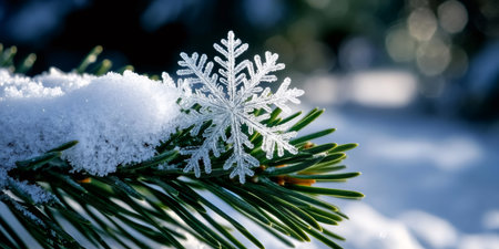 Delicate snowflake resting on a snow covered pine branch in winterの素材