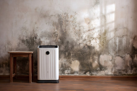 Air purifier improving unhealthy indoor air quality in a moldy, dilapidated roomの素材