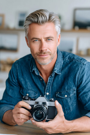 Gray haired man smiling looking at camera while holding a vintage film cameraの素材