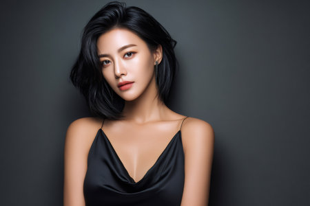 Young asian woman confidently posing, showcasing beauty and modern short hairstyle on a plain backgroundの素材