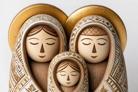 Carved wooden figures of Joseph, Mary, and baby Jesus with golden halos, symbolizing Christmasの素材