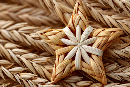 Woven straw star decoration creating a rustic natural festive themeの素材