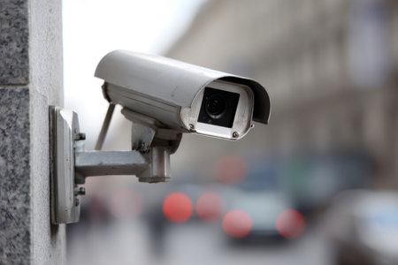 Outdoor security camera recording public space for surveillance and protectionの素材