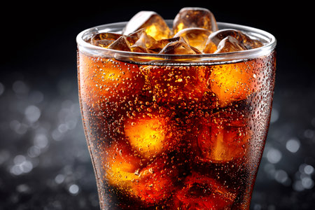 Cold cola drink filling a glass with ice cubes, condensate, and many tiny bubblesの素材