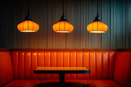 Empty retro diner booth featuring vibrant orange seating and illuminated hanging lampsの素材