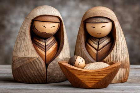 Wooden figurines depicting the holy family with baby Jesus in a mangerの素材