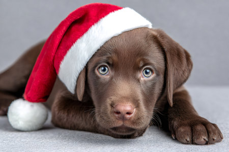 Chocolate labrador puppy lying down, wearing a red and white santa hat, looking directly at the cameraの素材