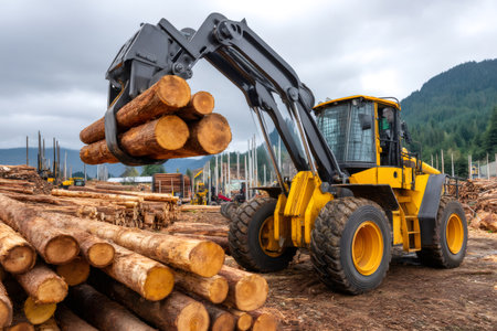 Industrial wheel loader grabbing debarked logs, processing wood at a sustainable forestry operationの素材