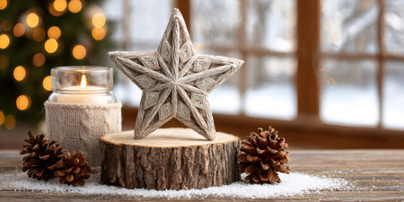 Woven star and glowing candle decorating a cozy wooden table with snow and pineconesの素材