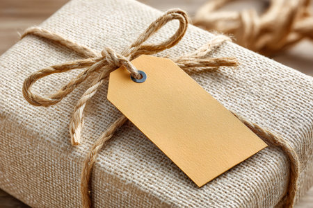 Gift wrapped in natural burlap and twine, featuring a blank brown tag for a custom messageの素材