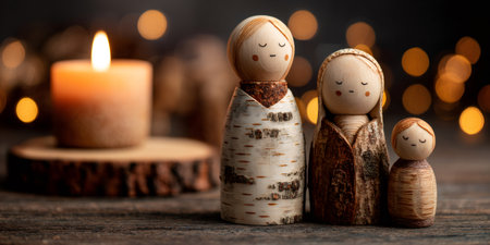 Handmade wooden figures depicting the holy family with a glowing candleの素材