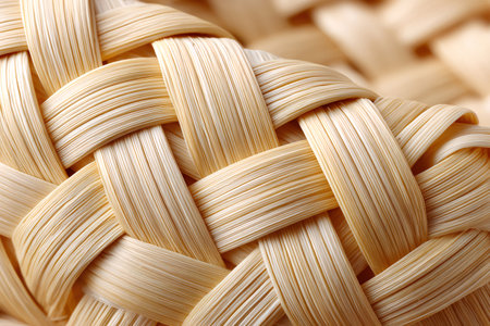 Intricate weaving of straw strands creating an abstract and natural background textureの素材