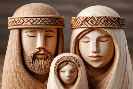 Wood carved nativity scene figurines depicting mary, joseph, and baby jesusの素材