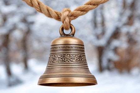 Ornate brass bell with a floral pattern hanging from a thick rope against a snowy backgroundの素材
