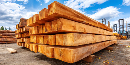 Large stack of rough hewn wooden beams in an outdoor industrial lumberyardの素材