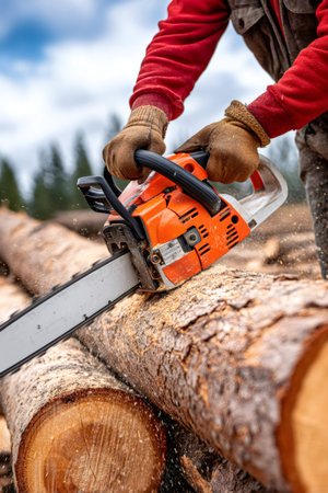 Logger working outdoors, cutting timber with a chainsaw, creating woodchipsの素材