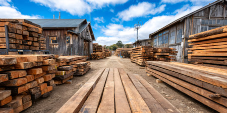 Lumberyard showing wood planks stacked for drying with rustic buildings under a blue skyの素材