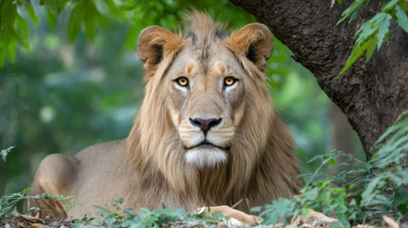Lion resting in natural habitat surrounded by green foliage and tree trunksの素材