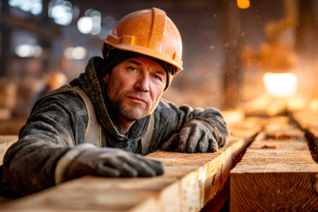 Experienced construction worker wearing a hard hat and protective gear, overseeing timber planksの素材
