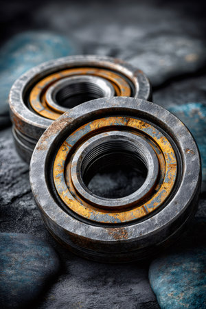Rusty metal industrial rings displaying texture and wear on a dark textured backgroundの素材
