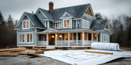 Architectural blueprints and construction materials laying on wood with a new home in the backgroundの素材
