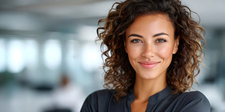 Young professional woman smiling at camera, standing in a modern office environmentの素材