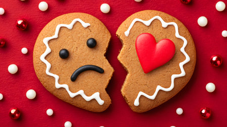 Gingerbread cookie broken in half, showing a sad face and a red heart, symbolizing heartbreakの素材