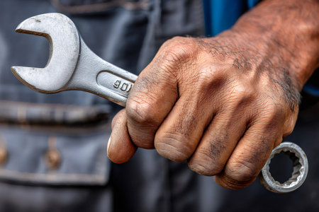 Worker hand holding a dirty wrench ready for repair workの素材