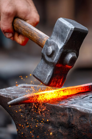 Hand hammering glowing metal on an anvil, shaping it with precision and skillの素材
