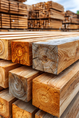 Building material made of wood stacked in rows at lumber millの素材