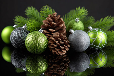 Christmas decorations featuring festive green and silver baubles with natural pinecones and spruce branchesの素材