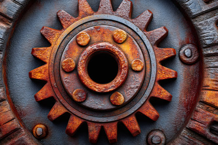 Rusted metal gear wheel showing an intricate industrial mechanismの素材